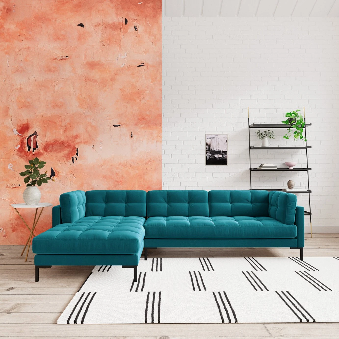 Swoon Landau Velvet Left Hand Corner Sofa - Kingfisher Blue 2 Swoon Landau Velvet Left Hand Corner Sofa - Kingfisher Blue - Image 2